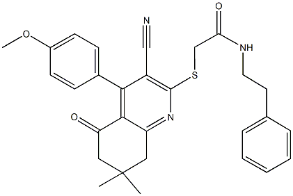 2-{[3-cyano-4-(4-methoxyphenyl)-7,7-dimethyl-5-oxo-5,6,7,8-tetrahydro-2-quinolinyl]sulfanyl}-N-(2-phenylethyl)acetamide Struktur