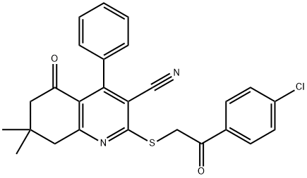 2-{[2-(4-chlorophenyl)-2-oxoethyl]sulfanyl}-7,7-dimethyl-5-oxo-4-phenyl-5,6,7,8-tetrahydro-3-quinolinecarbonitrile Struktur