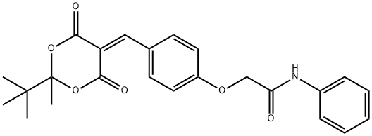 2-{4-[(2-tert-butyl-2-methyl-4,6-dioxo-1,3-dioxan-5-ylidene)methyl]phenoxy}-N-phenylacetamide Struktur