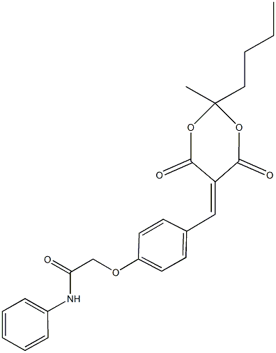 2-{4-[(2-butyl-2-methyl-4,6-dioxo-1,3-dioxan-5-ylidene)methyl]phenoxy}-N-phenylacetamide Struktur