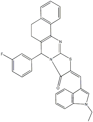 10-[(1-ethyl-1H-indol-3-yl)methylene]-7-(3-fluorophenyl)-5,7-dihydro-6H-benzo[h][1,3]thiazolo[2,3-b]quinazolin-9(10H)-one Struktur