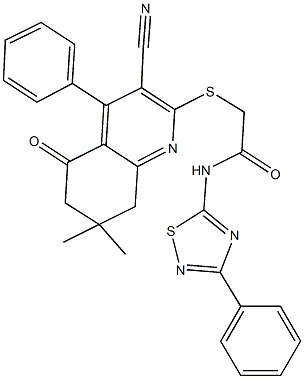 2-[(3-cyano-7,7-dimethyl-5-oxo-4-phenyl-5,6,7,8-tetrahydro-2-quinolinyl)sulfanyl]-N-(3-phenyl-1,2,4-thiadiazol-5-yl)acetamide Struktur