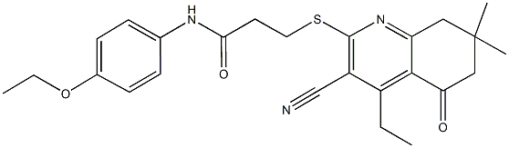 3-[(3-cyano-4-ethyl-7,7-dimethyl-5-oxo-5,6,7,8-tetrahydro-2-quinolinyl)sulfanyl]-N-(4-ethoxyphenyl)propanamide Struktur