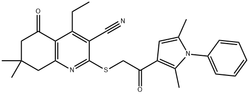 2-{[2-(2,5-dimethyl-1-phenyl-1H-pyrrol-3-yl)-2-oxoethyl]sulfanyl}-4-ethyl-7,7-dimethyl-5-oxo-5,6,7,8-tetrahydro-3-quinolinecarbonitrile Struktur