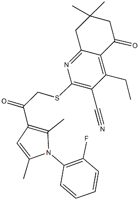 4-ethyl-2-({2-[1-(2-fluorophenyl)-2,5-dimethyl-1H-pyrrol-3-yl]-2-oxoethyl}sulfanyl)-7,7-dimethyl-5-oxo-5,6,7,8-tetrahydro-3-quinolinecarbonitrile Struktur