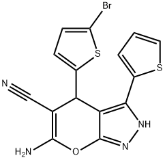 6-amino-4-(5-bromo-2-thienyl)-3-(2-thienyl)-2,4-dihydropyrano[2,3-c]pyrazole-5-carbonitrile Struktur