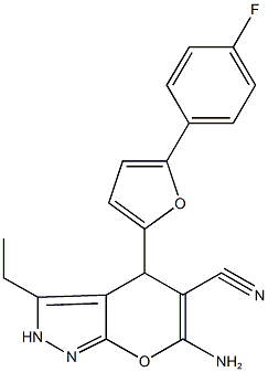 6-amino-3-ethyl-4-[5-(4-fluorophenyl)-2-furyl]-2,4-dihydropyrano[2,3-c]pyrazole-5-carbonitrile Struktur