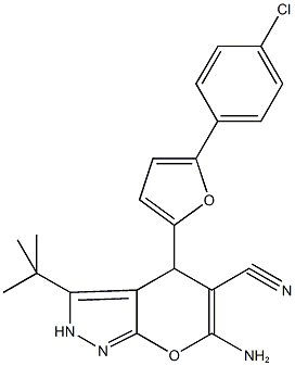 6-amino-3-tert-butyl-4-[5-(4-chlorophenyl)-2-furyl]-2,4-dihydropyrano[2,3-c]pyrazole-5-carbonitrile Struktur