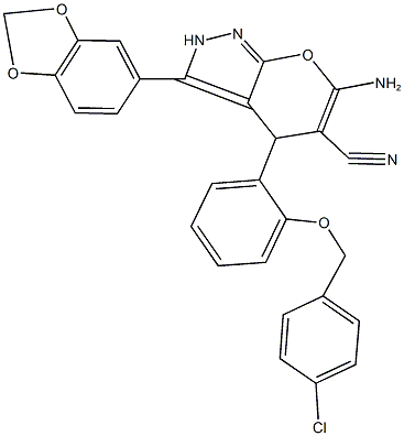 6-amino-3-(1,3-benzodioxol-5-yl)-4-{2-[(4-chlorobenzyl)oxy]phenyl}-2,4-dihydropyrano[2,3-c]pyrazole-5-carbonitrile Struktur