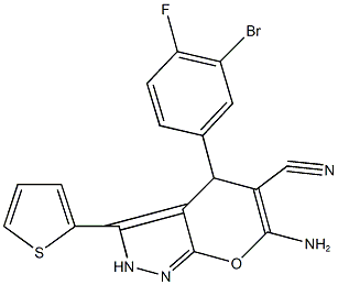 6-amino-4-(3-bromo-4-fluorophenyl)-3-(2-thienyl)-2,4-dihydropyrano[2,3-c]pyrazole-5-carbonitrile Struktur