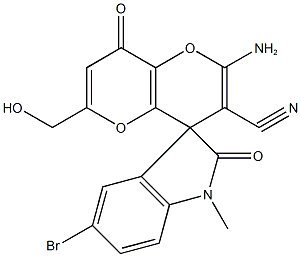 2'-amino-5-bromo-6'-(hydroxymethyl)-1-methyl-1,3,4',8'-tetrahydro-2,8'-dioxospiro(2H-indole-3,4'-pyrano[3,2-b]pyran)-3'-carbonitrile Struktur