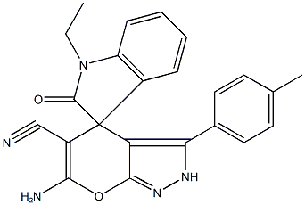 6'-amino-5'-cyano-3'-(4-methylphenyl)-1-ethyl-1,2',3,4'-tetrahydrospiro(2H-indole-3,4'-pyrano[2,3-c]pyrazole)-2-one Struktur