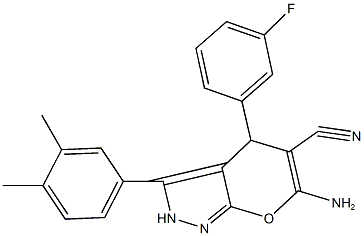 6-amino-3-(3,4-dimethylphenyl)-4-(3-fluorophenyl)-2,4-dihydropyrano[2,3-c]pyrazole-5-carbonitrile Struktur