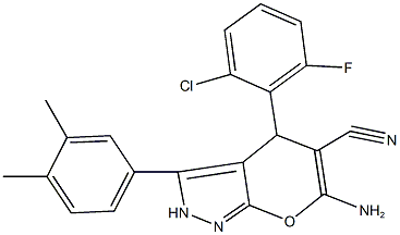 6-amino-4-(2-chloro-6-fluorophenyl)-3-(3,4-dimethylphenyl)-2,4-dihydropyrano[2,3-c]pyrazole-5-carbonitrile Struktur