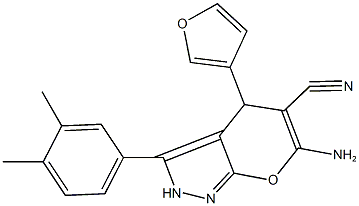 6-amino-3-(3,4-dimethylphenyl)-4-(3-furyl)-2,4-dihydropyrano[2,3-c]pyrazole-5-carbonitrile Struktur