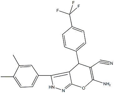 6-amino-3-(3,4-dimethylphenyl)-4-[4-(trifluoromethyl)phenyl]-2,4-dihydropyrano[2,3-c]pyrazole-5-carbonitrile Struktur