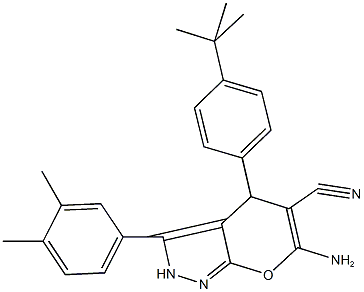 6-amino-4-(4-tert-butylphenyl)-3-(3,4-dimethylphenyl)-2,4-dihydropyrano[2,3-c]pyrazole-5-carbonitrile Struktur