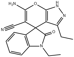 6'-amino-1,3'-diethyl-1,2',3,4'-tetrahydro-2-oxospiro(2H-indole-3,4'-pyrano[2,3-c]pyrazole)-5'-carbonitrile Struktur