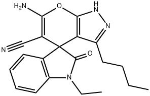 6'-amino-3'-butyl-1-ethyl-1,1',3,4'-tetrahydro-2-oxospiro(2H-indole-3,4'-pyrano[2,3-c]pyrazole)-5'-carbonitrile Struktur