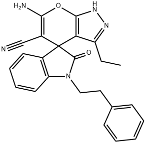 6'-amino-1-(2-phenylethyl)-3'-ethyl-1,2',3,4'-tetrahydro-2-oxospiro(2H-indole-3,4'-pyrano[2,3-c]pyrazole)-5'-carbonitrile Struktur