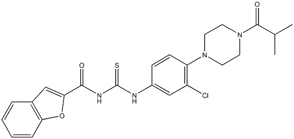 N-(1-benzofuran-2-ylcarbonyl)-N'-[3-chloro-4-(4-isobutyryl-1-piperazinyl)phenyl]thiourea Struktur