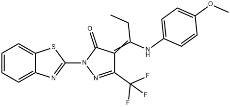 2-(1,3-benzothiazol-2-yl)-4-[1-(4-methoxyanilino)propylidene]-5-(trifluoromethyl)-2,4-dihydro-3H-pyrazol-3-one Struktur