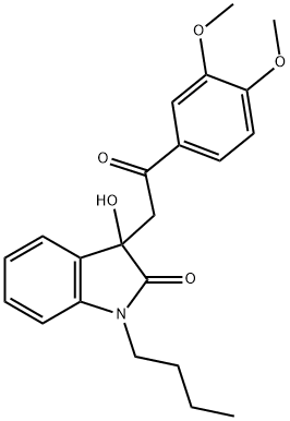 1-butyl-3-[2-(3,4-dimethoxyphenyl)-2-oxoethyl]-3-hydroxy-1,3-dihydro-2H-indol-2-one Struktur