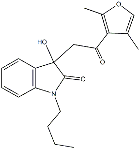 1-butyl-3-[2-(2,4-dimethyl-3-furyl)-2-oxoethyl]-3-hydroxy-1,3-dihydro-2H-indol-2-one Struktur