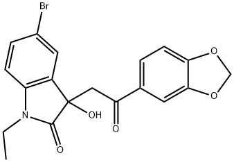 3-[2-(1,3-benzodioxol-5-yl)-2-oxoethyl]-5-bromo-1-ethyl-3-hydroxy-1,3-dihydro-2H-indol-2-one Struktur