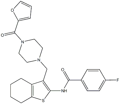 4-fluoro-N-(3-{[4-(2-furoyl)-1-piperazinyl]methyl}-4,5,6,7-tetrahydro-1-benzothien-2-yl)benzamide Struktur