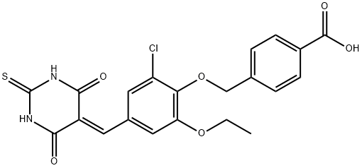 4-({2-chloro-4-[(4,6-dioxo-2-thioxotetrahydro-5(2H)-pyrimidinylidene)methyl]-6-ethoxyphenoxy}methyl)benzoic acid Struktur