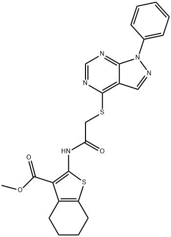 methyl 2-({[(1-phenyl-1H-pyrazolo[3,4-d]pyrimidin-4-yl)sulfanyl]acetyl}amino)-4,5,6,7-tetrahydro-1-benzothiophene-3-carboxylate Struktur