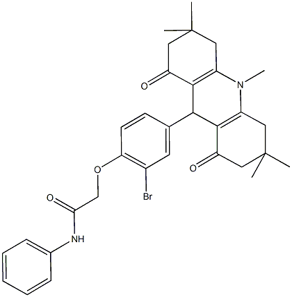 2-[2-bromo-4-(3,3,6,6,10-pentamethyl-1,8-dioxo-1,2,3,4,5,6,7,8,9,10-decahydro-9-acridinyl)phenoxy]-N-phenylacetamide Struktur