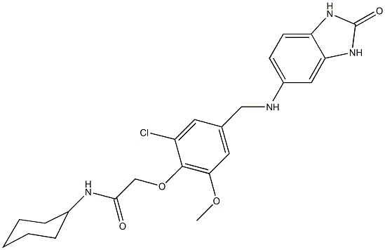 2-(2-chloro-6-methoxy-4-{[(2-oxo-2,3-dihydro-1H-benzimidazol-5-yl)amino]methyl}phenoxy)-N-cyclohexylacetamide Struktur