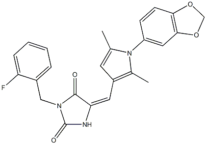 5-{[1-(1,3-benzodioxol-5-yl)-2,5-dimethyl-1H-pyrrol-3-yl]methylene}-3-(2-fluorobenzyl)-2,4-imidazolidinedione Struktur