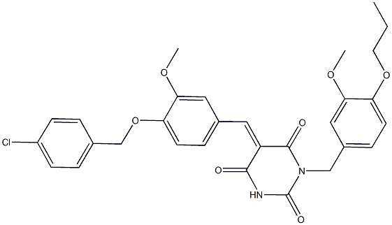 5-{4-[(4-chlorobenzyl)oxy]-3-methoxybenzylidene}-1-(3-methoxy-4-propoxybenzyl)-2,4,6(1H,3H,5H)-pyrimidinetrione Struktur