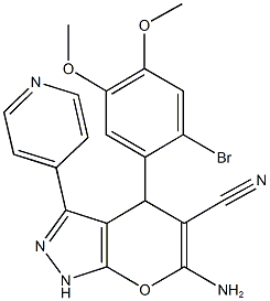 6-amino-4-(2-bromo-4,5-dimethoxyphenyl)-3-(4-pyridinyl)-1,4-dihydropyrano[2,3-c]pyrazole-5-carbonitrile Struktur