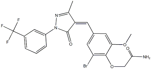 2-[2-bromo-6-methoxy-4-({3-methyl-5-oxo-1-[3-(trifluoromethyl)phenyl]-1,5-dihydro-4H-pyrazol-4-ylidene}methyl)phenoxy]acetamide Struktur