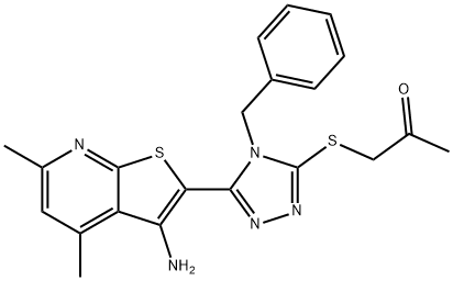 1-{[5-(3-amino-4,6-dimethylthieno[2,3-b]pyridin-2-yl)-4-benzyl-4H-1,2,4-triazol-3-yl]sulfanyl}acetone Struktur