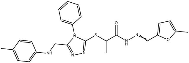 N'-[(5-methyl-2-furyl)methylene]-2-{[4-phenyl-5-(4-toluidinomethyl)-4H-1,2,4-triazol-3-yl]sulfanyl}propanohydrazide Struktur