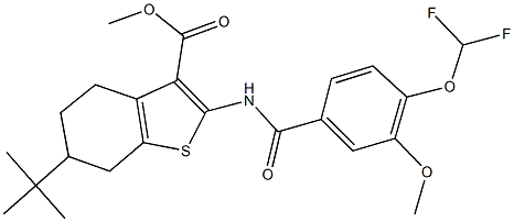 methyl 6-tert-butyl-2-{[4-(difluoromethoxy)-3-methoxybenzoyl]amino}-4,5,6,7-tetrahydro-1-benzothiophene-3-carboxylate Struktur