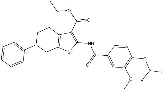 ethyl 2-{[4-(difluoromethoxy)-3-methoxybenzoyl]amino}-6-phenyl-4,5,6,7-tetrahydro-1-benzothiophene-3-carboxylate Struktur