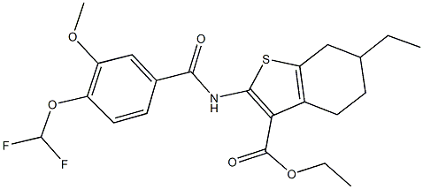 ethyl 2-{[4-(difluoromethoxy)-3-methoxybenzoyl]amino}-6-ethyl-4,5,6,7-tetrahydro-1-benzothiophene-3-carboxylate Struktur