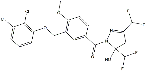 1-{3-[(2,3-dichlorophenoxy)methyl]-4-methoxybenzoyl}-3,5-bis(difluoromethyl)-4,5-dihydro-1H-pyrazol-5-ol Struktur