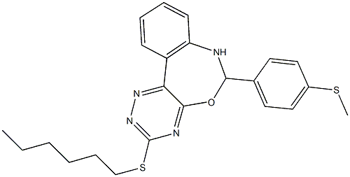 3-(hexylthio)-6-[4-(methylthio)phenyl]-6,7-dihydro[1,2,4]triazino[5,6-d][3,1]benzoxazepine Struktur