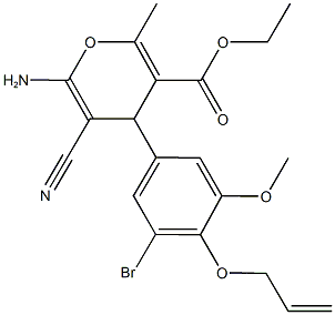 ethyl 4-[4-(allyloxy)-3-bromo-5-methoxyphenyl]-6-amino-5-cyano-2-methyl-4H-pyran-3-carboxylate Struktur