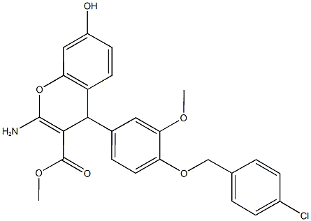 methyl 2-amino-4-{4-[(4-chlorobenzyl)oxy]-3-methoxyphenyl}-7-hydroxy-4H-chromene-3-carboxylate Struktur