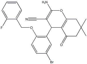 2-amino-4-{5-bromo-2-[(2-fluorobenzyl)oxy]phenyl}-7,7-dimethyl-5-oxo-5,6,7,8-tetrahydro-4H-chromene-3-carbonitrile Struktur