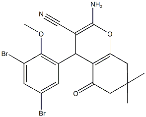 2-amino-4-(3,5-dibromo-2-methoxyphenyl)-7,7-dimethyl-5-oxo-5,6,7,8-tetrahydro-4H-chromene-3-carbonitrile Struktur