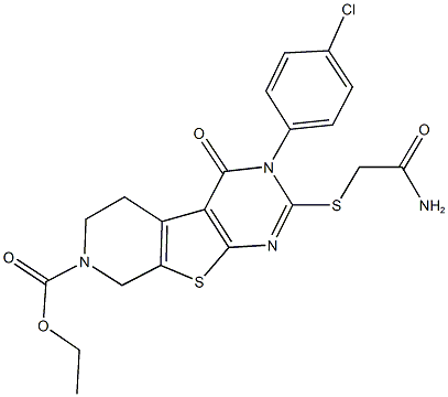 ethyl 2-[(2-amino-2-oxoethyl)sulfanyl]-3-(4-chlorophenyl)-4-oxo-3,5,6,8-tetrahydropyrido[4',3':4,5]thieno[2,3-d]pyrimidine-7(4H)-carboxylate Struktur